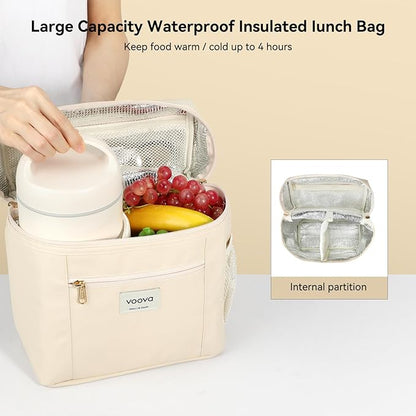 Voova Stackable Stainless Steel Thermal Lunch Box with Lunch Bag and Cultery Set for Adult Women Men, 3 Tier Leakproof All-in-One Insulated Bento Boxes Food Container for Work, Beige