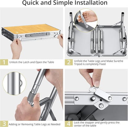 2ft Camping Table Foldable, 3 Adjustable Heights High 27.5" Aluminum Small Folding Table with Carrying Handle, Portable, for Outdoor Indoor Picnic Beach BBQ Party Travel, 24" x 16", Yellow