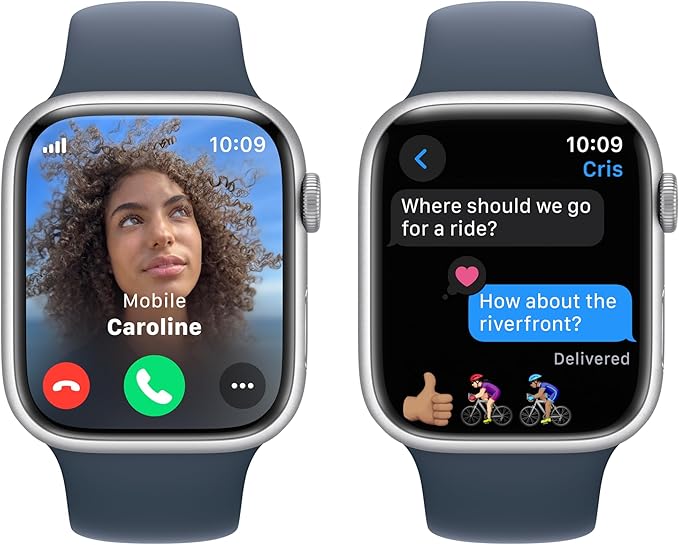 Apple Watch Series 9 [GPS + Cellular 45mm] Silver Aluminum Case with Storm Blue Sport Band S/M (Renewed)
