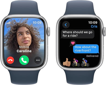 Apple Watch Series 9 [GPS + Cellular 45mm] Silver Aluminum Case with Storm Blue Sport Band S/M (Renewed)