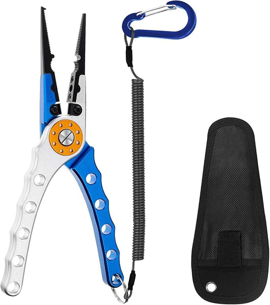 Multifunction Fishing Pliers, Corrosion Resistant Fishing Pliers Saltwater, Aluminum Split Ring, Hook Remover with Sheath and Coiled Lanyard