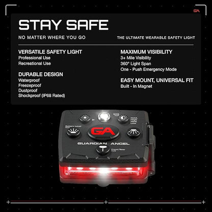 Guardian Angel Micro Series Safety Light, Beacon Device (Red Front & Red Rear) | Rechargeable, Magnetic & Hands-Free Wearable LED Light for Dog Walking, Cycling, Camping, Boating & Kayaking
