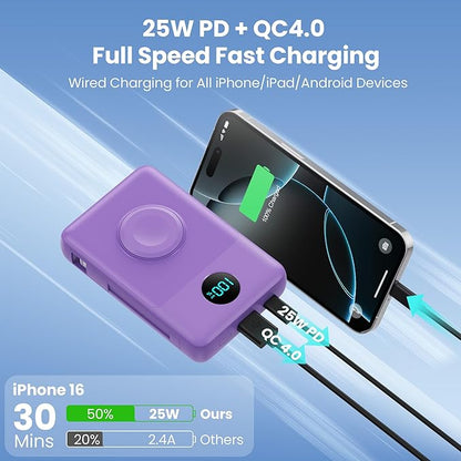Magnetic Portable Charger 10800mAh for iPhone with Built-in Cables, 6-in-1 Wireless Power Bank with iWatch Charger,25W PD Fast Charging USB C Battery Pack for iPhone 16/15/14/13/12,Apple Watch(Purple)