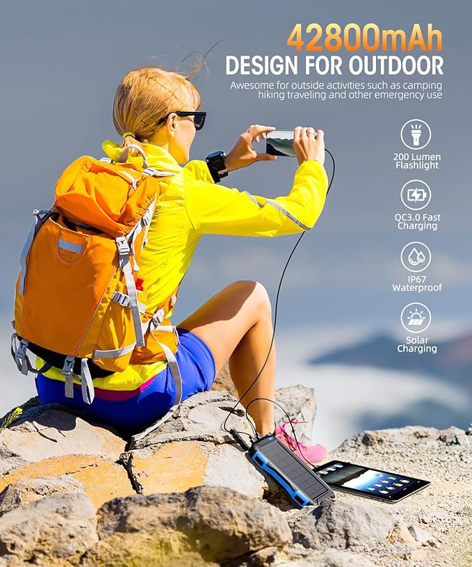Power-Bank-Solar-Charger - 42800mAh Portable Charger,Solar Power Bank,External Battery Pack 5V3.1A Qc 3.0 Fast Charger Built-in Super Bright Flashlight (Blue)