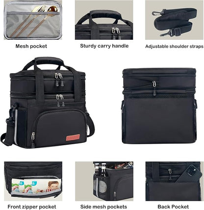 Lunch Box for Men/Women,Large Double-Layer Insulated Expandable Reusable Leakproof Cooler Bags for Adults,Lunch Bag with Adjustable Shoulder Strap for Office Travel Picnic（Dark Gray）