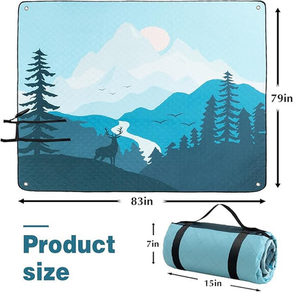 PY SUPER MODE Extra Large Waterproof Picnic Blankets 83x79 Inches - 5 Layer Outdoor Picnic Mat for Beach Camping Park Lawn, Windproof Anchor System with Stakes, Foldable Blue&Brown