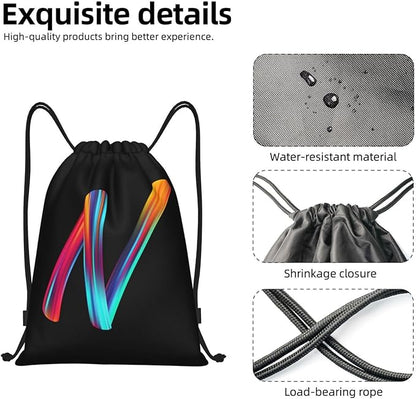 Drawstring Bags Initial Drawstring Backpack Sackpack Black Draw String Cinch Bags for Sports, Gym, Travel, Swimming, Beach, Camping, Rainbow Letter N