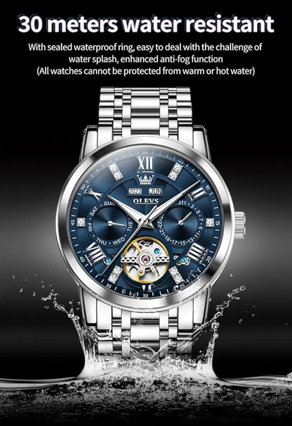 OLEVS Mens Automatic Watches Gold Luxury Diamond Dress Self Winding Mechanical Skeleton Tourbillon Stainless Steel Wrist Watch