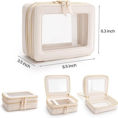 Aveniee Large Clear Makeup Bags, Double Layer Cosmetic Bags with Separate Brush Compartment, Travel Toiletry Bag Cosmetic Train Case, Travel Accessories Organizer for Women(2 Layers, White)