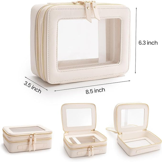 Aveniee Large Clear Makeup Bags, Double Layer Cosmetic Bags with Separate Brush Compartment, Travel Toiletry Bag Cosmetic Train Case, Travel Accessories Organizer for Women(2 Layers, White)