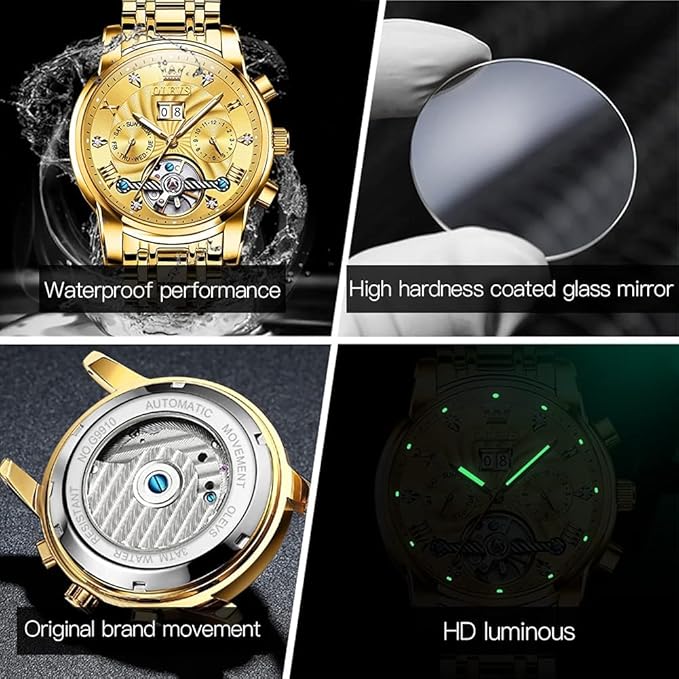 OLEVS Mens Automatic Watches Gold Luxury Diamond Dress Self Winding Mechanical Skeleton Tourbillon Stainless Steel Wrist Watch