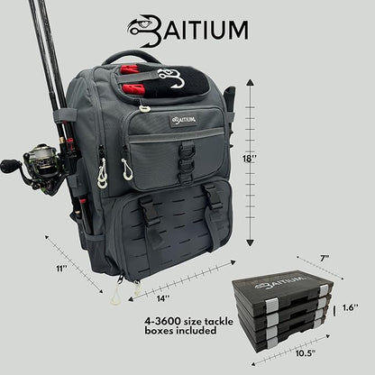 Baitium Fishing Backpack, Tackle Bag With Rod Holders, 40L Capacity With Cooler, Rain Cover, Insulated Pocket, 4 Tackle Trays Included - (Grey)