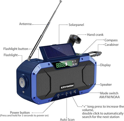 KAYINOW Emergency NOAA Weather Radio, Solar Hand Crank FM AM Radio with Bluetooth Speaker, 5000mAh Battery Powered Phone Charger, Flashlight, IPX5 Waterproof, SOS Alarm for Survival Hurricane Camping