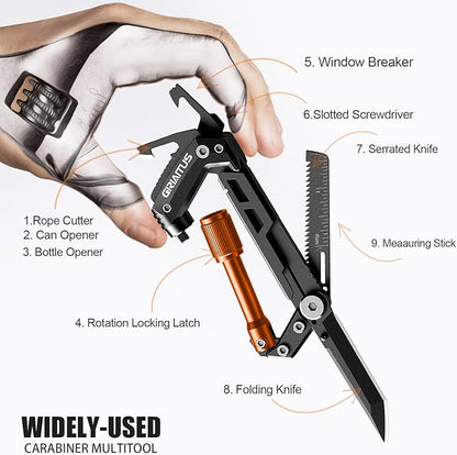 Carabiner Multitool with Pocket Knives, EDC Carabiners, Serrated Knife, Rope Cutter, Screwdriver, Can Bottle Opener, Ruler, Folding Knife for Camping Hiking, Gifts for Men (Orange)