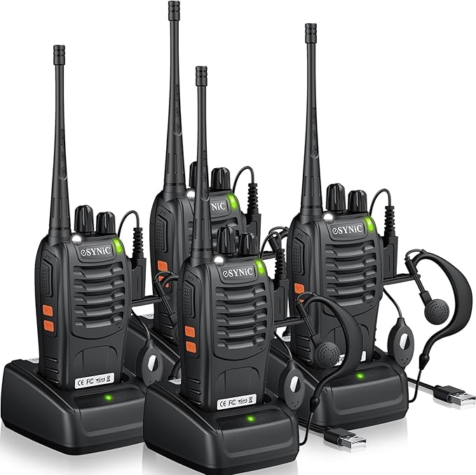 eSynic 4 Pack Professional Walkie Talkies VOX Walky Talky 5KM Long Range 2 Way Radio Rechargeable 16CH Handheld Radio with 4 Headsets for Camping/Hiking/Family/Job Site As Gifts for Kids& Adults