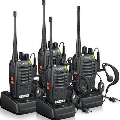 eSynic 4 Pack Professional Walkie Talkies VOX Walky Talky 5KM Long Range 2 Way Radio Rechargeable 16CH Handheld Radio with 4 Headsets for Camping/Hiking/Family/Job Site As Gifts for Kids& Adults