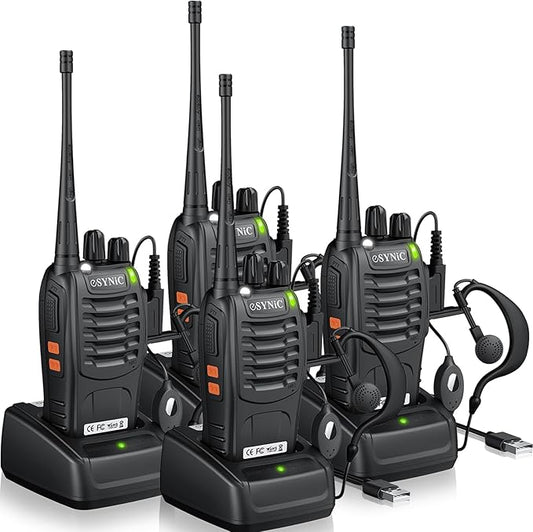 eSynic 4 Pack Professional Walkie Talkies VOX Walky Talky 5KM Long Range 2 Way Radio Rechargeable 16CH Handheld Radio with 4 Headsets for Camping/Hiking/Family/Job Site As Gifts for Kids& Adults