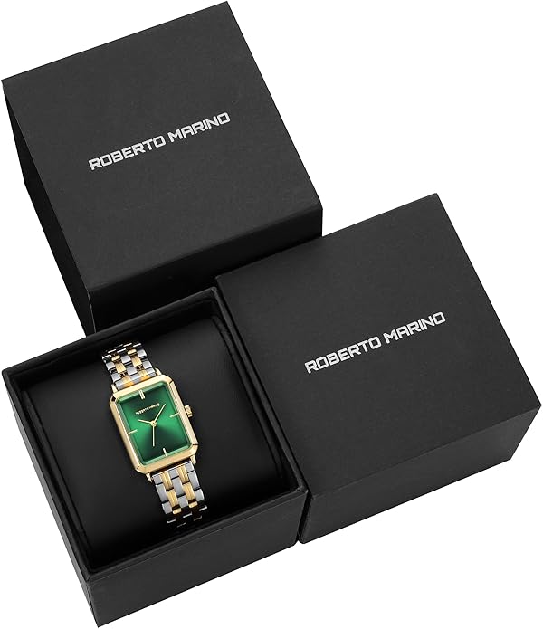 Roberto Marino RM1982 Women’s Luxury Watch Rectangular Gold – Japanese Quartz Movement, Vintage Stainless Steel Design, Silver Dial, Elegant Dress Timepiece, 3ATM Water Resistant – Reloj para Mujer
