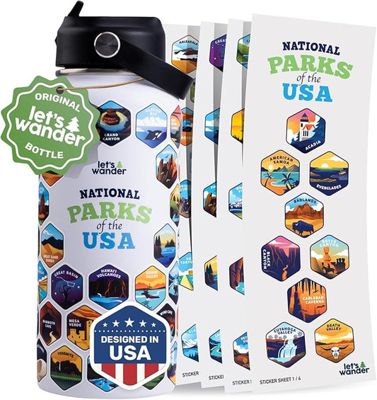 LET'S WANDER Original National Parks Water Bottle with 63 Waterproof Stickers - 32oz Leakproof Insulated Stainless Steel with Straw - USA Hiker Gift Bottle (White)