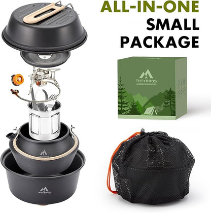 17pcs Camping Cookware Kit, 0.45Gal Pot, 7inches Pan,0.30Gal Kettle Set with 2 Set Stainless Steel Cups Plates Forks Knives Spoons for Hiking