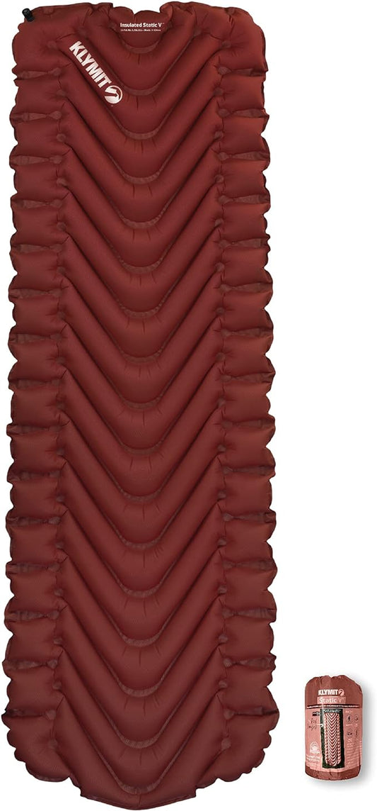 KLYMIT Insulated Static V Inflatable Sleeping Pad | Comfortable, Lightweight, Easy to Inflate, Portable Air Bed Mattress for Camping, Backpacking and Hiking — Red