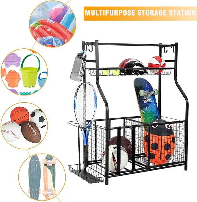 Snail Garage Sports Equipment Storage Organizer Sports Ball Storage Rolling Cart with Basket and Hooks Lockable Sports Ball Cage Storage Rack for Garages, Playgroup, Gym and Schools, Black