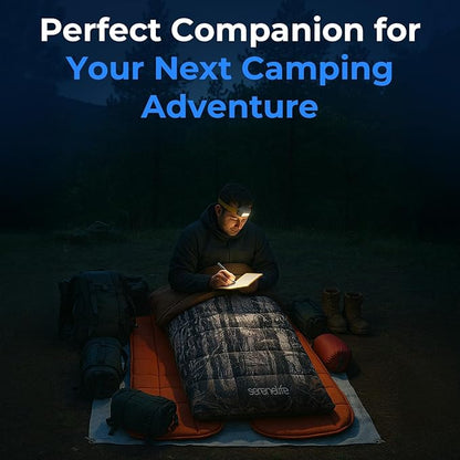 SereneLife Double Sleeping Bag with Pillows, Waterproof & Detachable for 2 Single Bags, Lightweight & Warm, Perfect for Camping, Hiking, Backpacking, and Cold Weather, Suitable for Temperatures 5-10°F