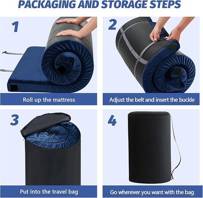 CYMULA Memory Foam Camping Mattress Pad, CertiPUR-US Sleeping Mat, Portable Roll Up Mattress for Adults, Camping Bed Pads for Sleepover, Car Bed with Travel Bag