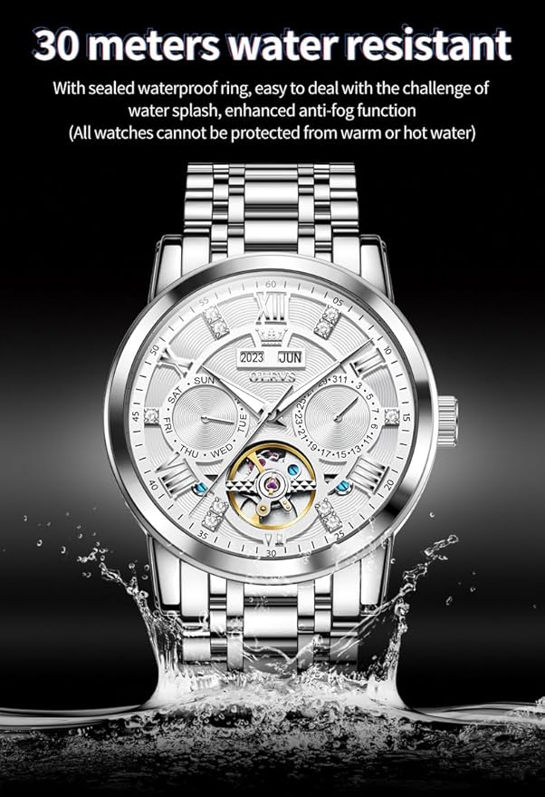 OLEVS Mens Automatic Watches Gold Luxury Diamond Dress Self Winding Mechanical Skeleton Tourbillon Stainless Steel Wrist Watch