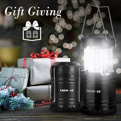 Lepro LED Camping Lantern, Super Bright, Battery Powered, IPX4 Water Resistant, Portable Emergency Lights for Hurricane, Storms, Outages, Collapsible, 2 Packs