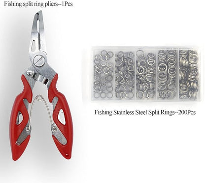 Pack of 201pcs Fishing Stainless Steel Split Rings 5 Sizes and Plier Set, Split Ring Capable of withstanding Large tensile Force and Fishing Plier Tool Kit for Saltwater Fishing Lure Connectors…