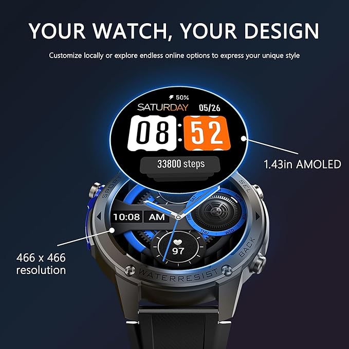 Military Smart Watch with Heart Rate Monitor/Compass/Flashlight/GPS, 1.43"AMOLED Smartwatch with 170+ Sport Modes,5ATM Waterproof Fitness Watch for Men & Women,Bluetooth Compatible iOS Android