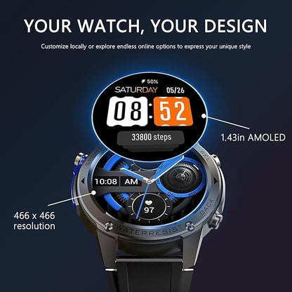 Military Smart Watch with Heart Rate Monitor/Compass/Flashlight/GPS, 1.43"AMOLED Smartwatch with 170+ Sport Modes,5ATM Waterproof Fitness Watch for Men & Women,Bluetooth Compatible iOS Android