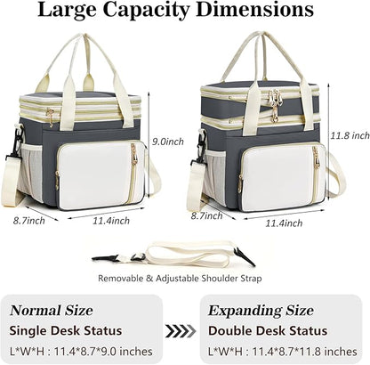 Lunch Box & Lunch Bag for Women Men, Large Insulated Adult Lunch Box Leakproof Lunchbox Cooler Bag for Work Picnic Beach,16L, Grey & White