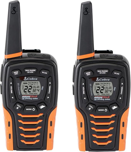 Cobra ACXT645 Waterproof Walkie Talkies - Rechargeable, 22 Channels, Long Range 35-Mile Two-Way Radio Set, Black and Orange (2-Pack)