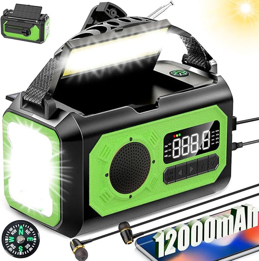 44400mWh/12000mAh Emergency Radio, Hand Crank Portable Solar Radio AM/FM/NOAA Weather Radio with 2 Solar Panels,3 Charging Methods,SOS Alarm,Flashlight,Phone Charger,Compass,Reading Lamp(Grass Green)