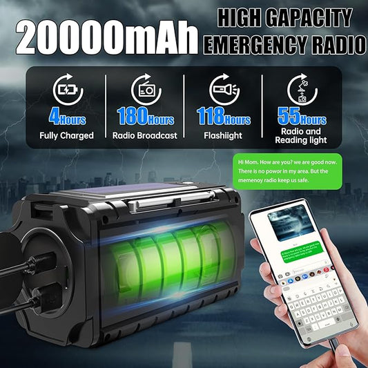 Emergency Radio Hand Crank Solar, AM/FM/SW NOAA Weather Radio Built-in 20000mah Large Battery Powered,Type-C Charger,Flashlight, Reading Light,SOS, Compact & Portable for Camping/Emergencies