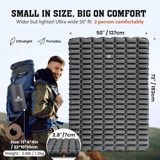 Hikenture Ultralight Double Sleeping Pad, Camping Mattress 2 Person for Backpacking, Hiking,Compact&Inflatable Outdoor Air Mat