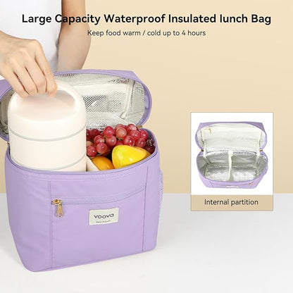 Voova Stackable Stainless Steel Thermal Lunch Box with Lunch Bag and Cultery Set for Adult Women Men, 3 Tier Leakproof All-in-One Insulated Bento Boxes Food Container for Work, Purple