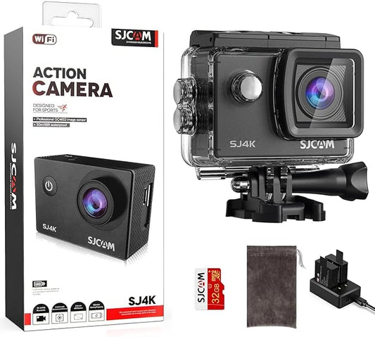 SJCAM SJ4000 Pro-Grade 4K Action Camera, 40MP 3-Axis EIS Stabilization Motorcycle Sport Camera, 170°FOV Waterproof Camera Underwater, 5X Zoom, Dual Batteries, 32G SD Card and Helmet Accessory Kit