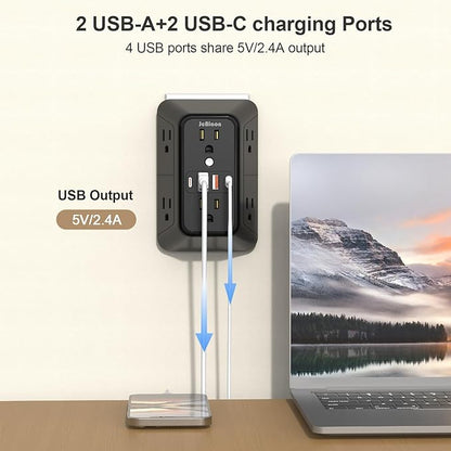Outlet Extender Surge Protector - 6 Outlet Splitter with 4 USB Ports (2 USB C), Multiple Plug Expander Wall Charger, 3 Sided Multi Plug Wall Adapter Power Strip for Home Office Kitchen Travel Black