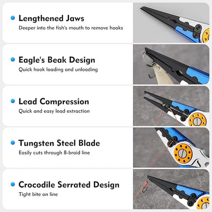 Multifunction Fishing Pliers, Corrosion Resistant Fishing Pliers Saltwater, Aluminum Split Ring, Hook Remover with Sheath and Coiled Lanyard