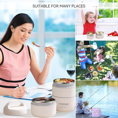 Voova Stackable Stainless Steel Thermal Lunch Box with Lunch Bag and Cultery Set for Adult Women Men, 3 Tier Leakproof All-in-One Insulated Bento Boxes Food Container for Work, Purple