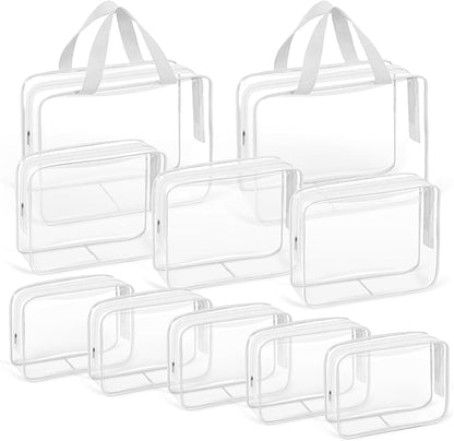 TISRATOK 10 PCS Clear Travel Makeup Toiletry Bag, Plastic PVC Cosmetic TSA Approved Organizer Kit with Zipper Handbag（White）