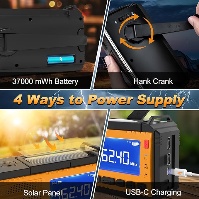 Emergency Crank Radio Solar Hand Crank Emergency Radio 37000mWh (10000mAh) AM/FM NOAA Weather Radio with LCD Display 3 Mode Flashlight SOS Alarm Compass Headphone Jack for Winter Storm Emergency