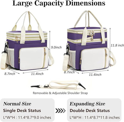 Lunch Box & Lunch Bag for Women, Large Insulated Adult Lunch Box Leakproof Lunchbox Cooler Bag for Work Picnic Beach,16L, Purple & White