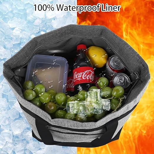 Soft Insulated Cooler Bag for Beach, Travel, Waterproof Large Reusable Insulated Cooler Tote Bag, Thermal Bag to Keep Foods Frozen, Cold and Hot, Groceries Shopping Bags with Zippered, Grey