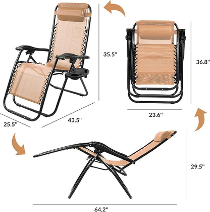 Zero Gravity Chair Set of 2 with Cup Holder & Removable Pillows, Adjustable Reclining Outdoor Patio Folding Chairs Portable Lounge Chair Furniture for Poolside, Lawn, Beach, Camping