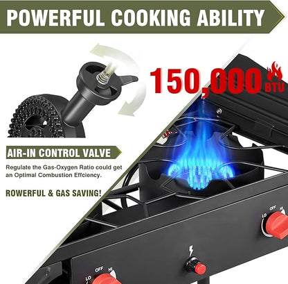 Bestfire 2 Burner Camping Stove with Windpanel& Side Shelves, Bag, Auto Ignition Button,Regulator,150,000 BTU Camping Stove Propane Burner With Removable Legs for Outdoor BBQ&Backyard