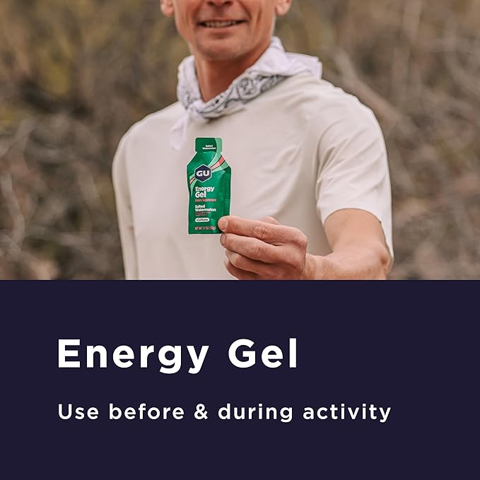 GU Energy Original Sports Nutrition Energy Gel, Vegan, Gluten-Free, Kosher, and Dairy-Free On-the-Go Energy for Any Workout, 24-Count, Salted Caramel
